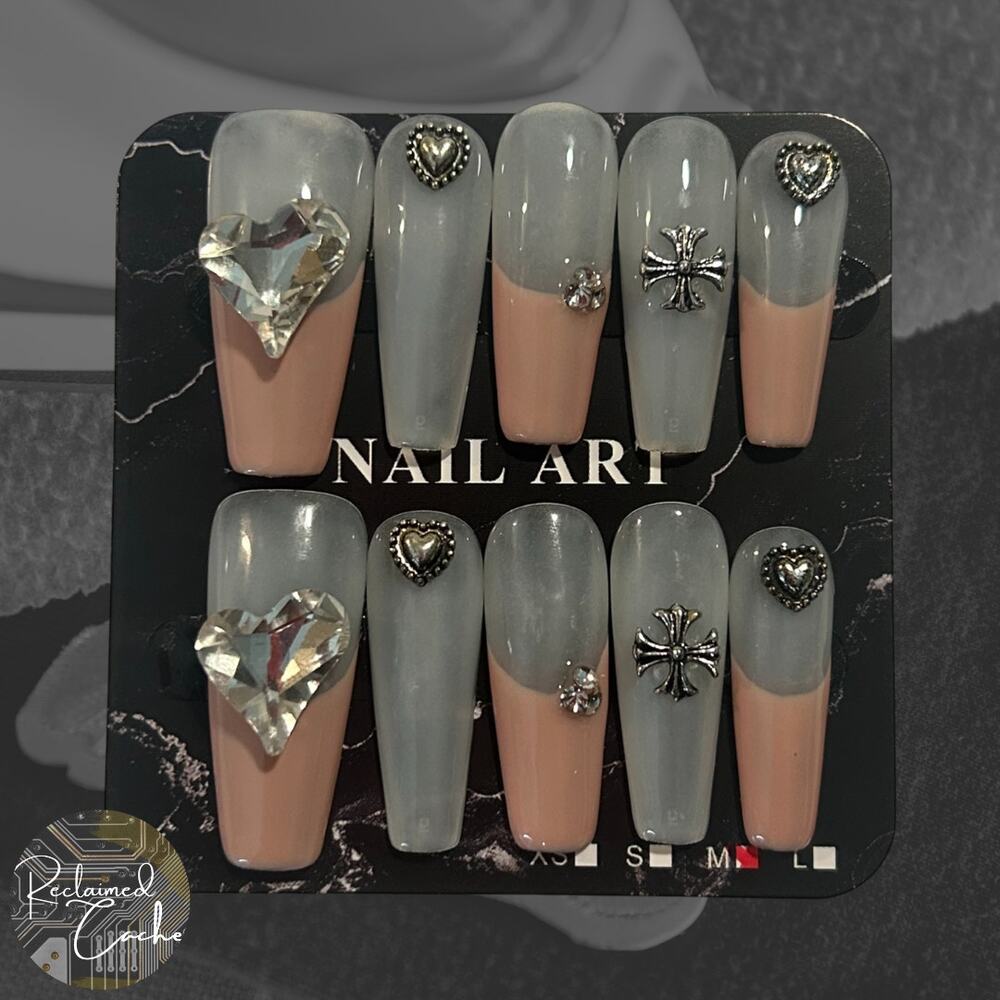 Translucent White & Light Pink French Tip Extra Long Coffin Nails - Size Medium